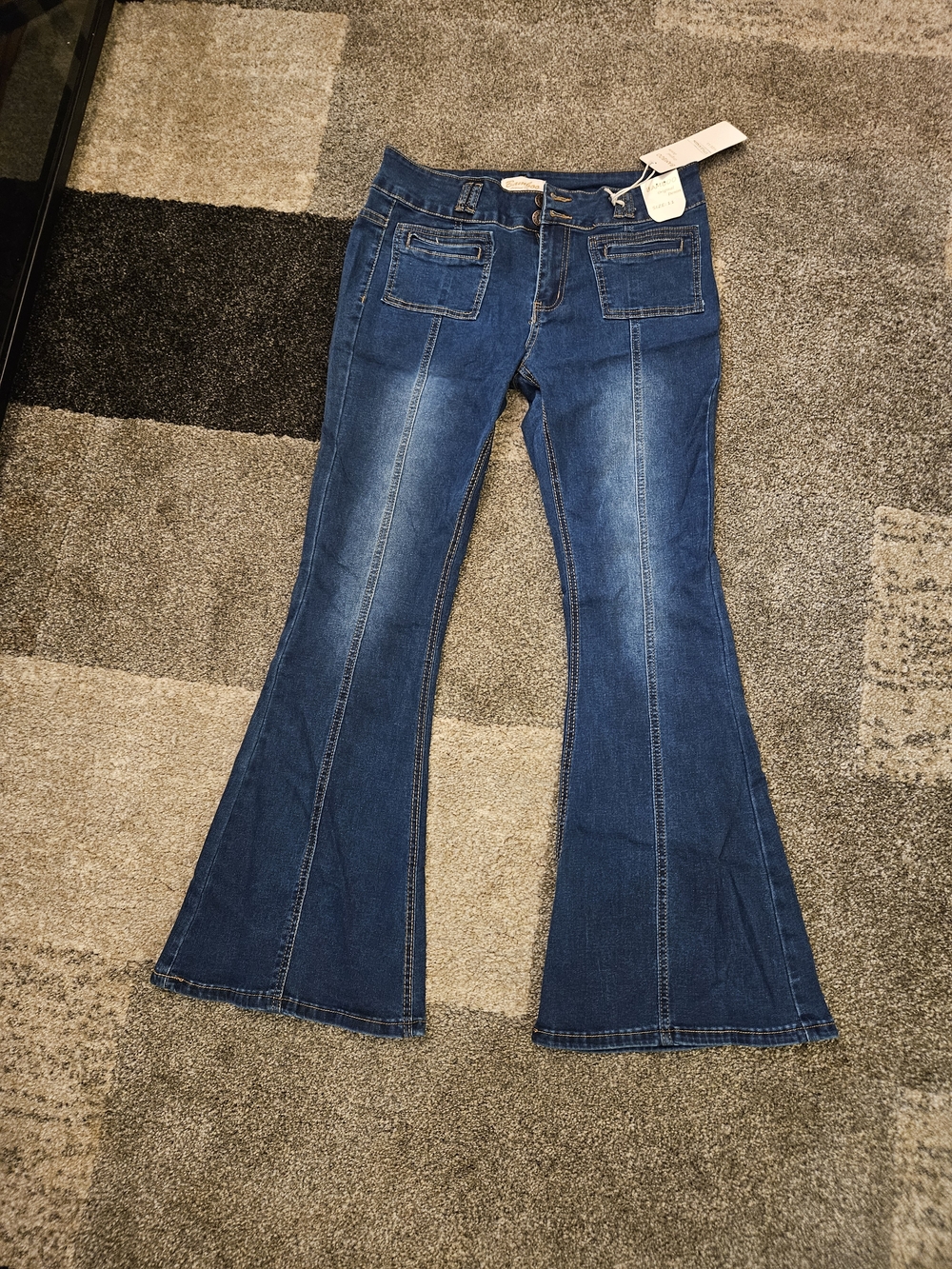 BAMBOO Dark Blue Flared Jeans with Front Patch Pockets